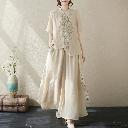 New National Style Heavy Embroidery  Set Women Summer Loose plus Size Fringed Wide Leg Pants Skirt Slimming Two Piece Set