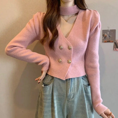 Elegant V-Neck Bubble Sleeve Knitwear Short Top Fashion Trend Neck Hanging Style Girl's French Style Slim Fit Long Sleeve Autumn