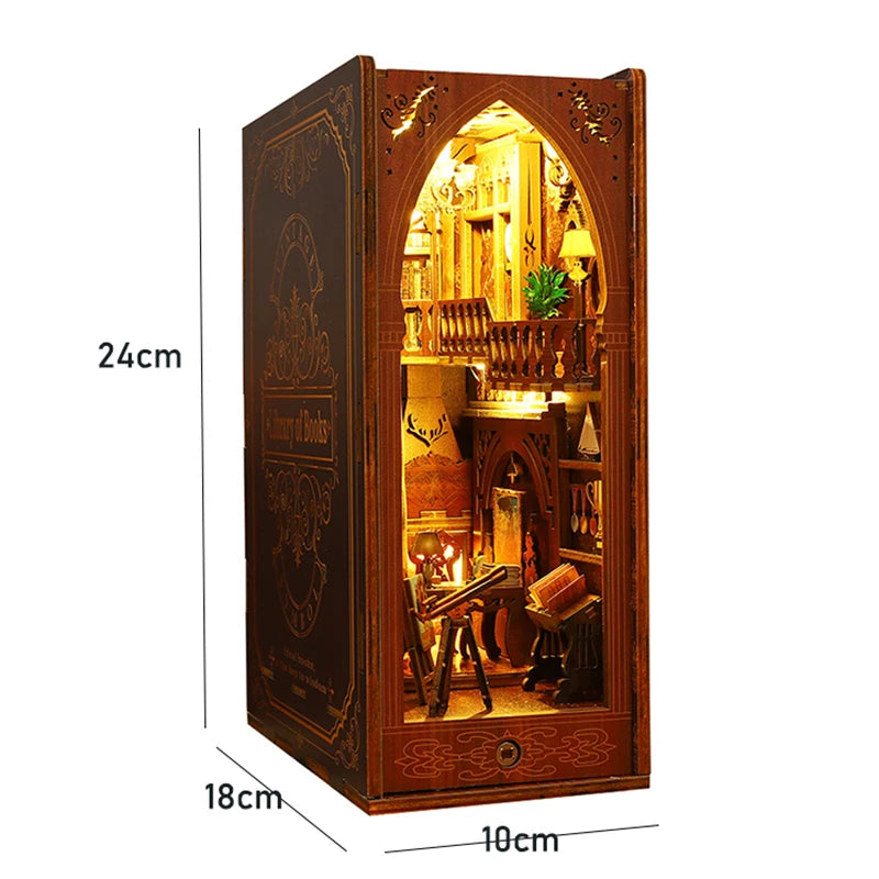 DIY Book Nook Shelf Insert Kit 3D Wooden Puzzle Doll House Assembly Building Model Bookends With Furniture LED Light Xmas Gifts