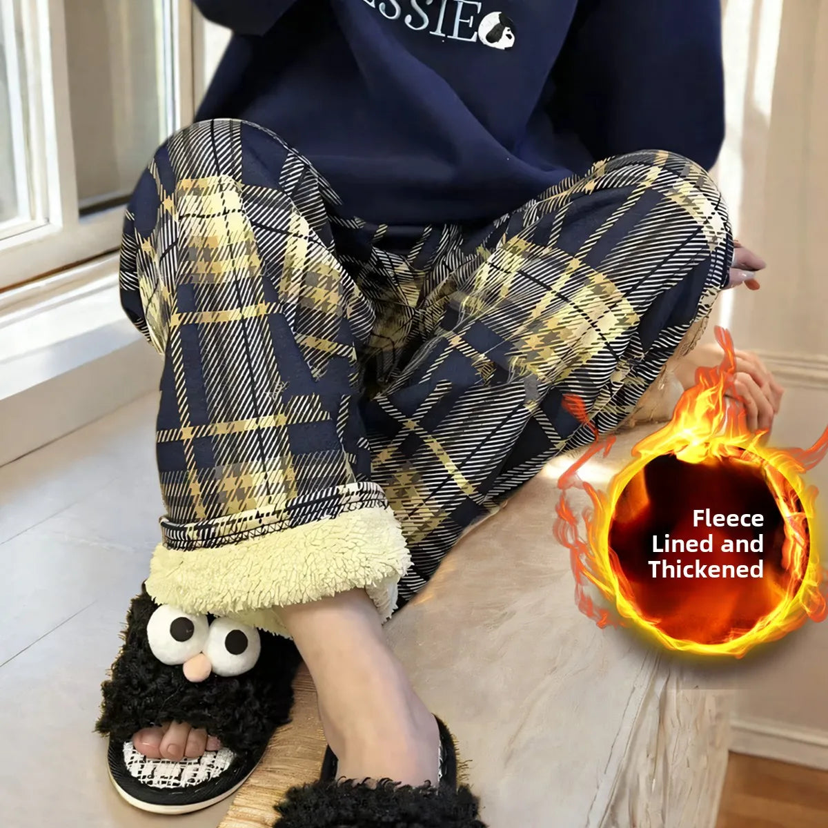 Lamb Velvet Fleece Lined Thick Plaid Casual Pants Women's Autumn Winter Loose Straight Leg Wide Leg Cotton Sleepwear Trousers