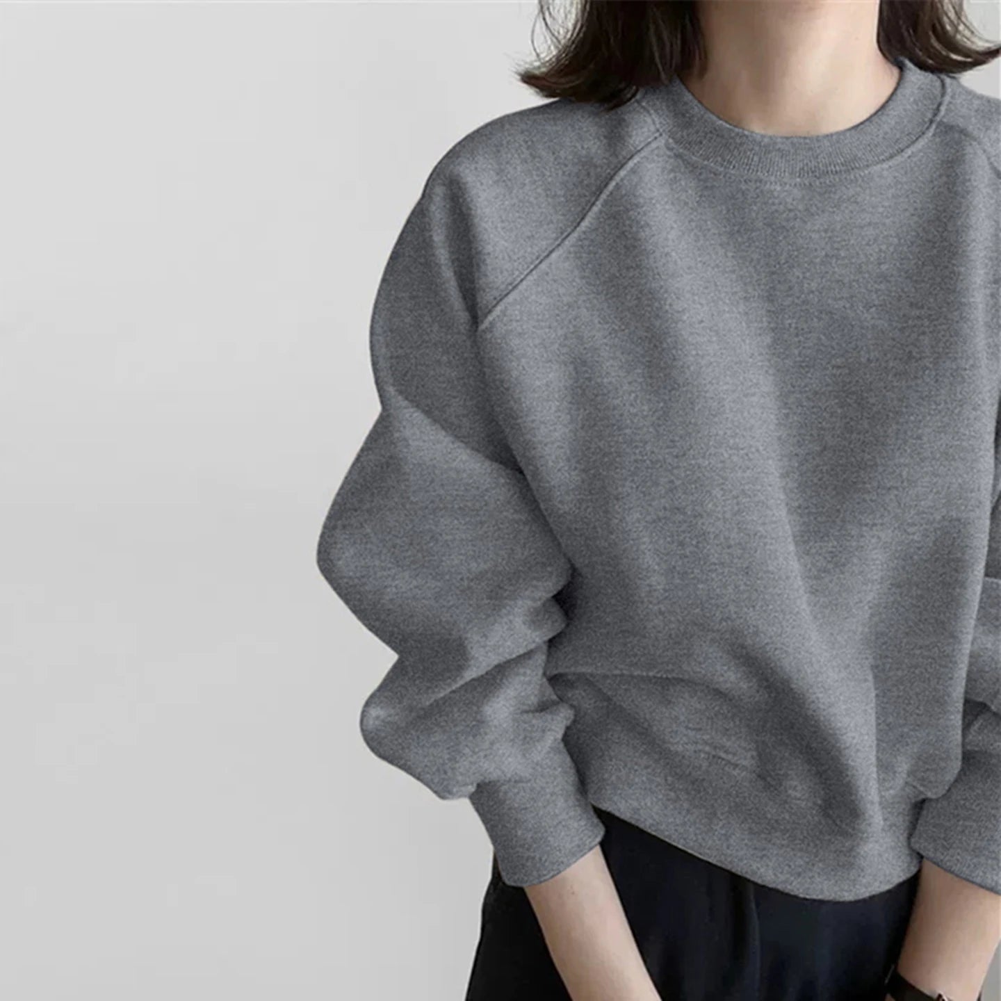 Loose Shoulder Sleeve Hoodie Women's Grey Fleece Lined Short Style Spring Autumn Winter New Arrival Comfortable Korean Style
