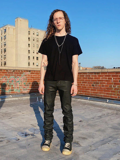 High Street Dark Ro Jeans Pants Classic Men's High Street Dark RO Wax Coating Process Slim Fit Basic Simple Long Denim Pants