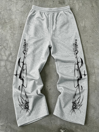Y2K Dark Punk Abstract Gothic Cross Star Print Mens Baggy Wide Leg Sweat Pants Loose Straight Drawstring Hip Hop Street Joggers