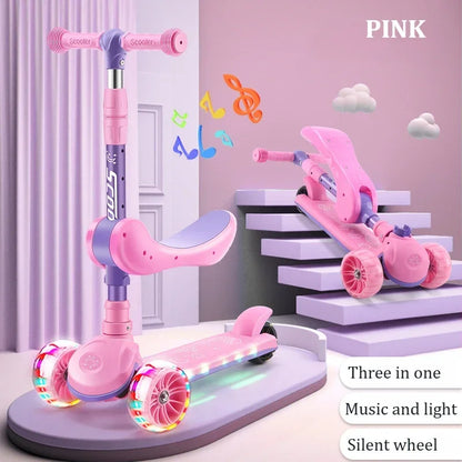2-in-1 Scooters Kids 3 Wheel Kick Scooter for Boys Girls Adjustable Height & Seat Non-Slip Deck Sit or Stand Ride with Brake