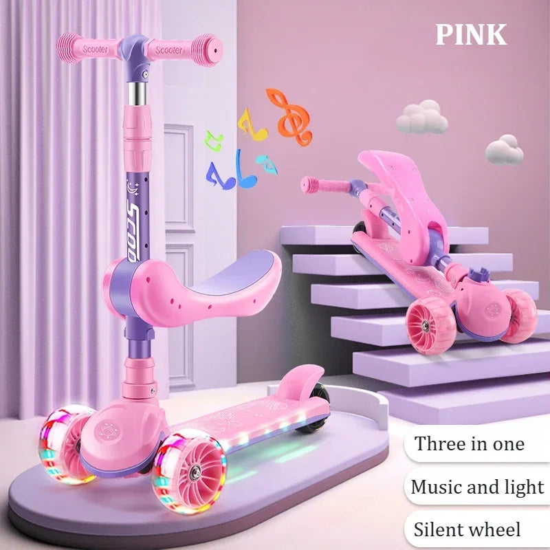 2-in-1 Kids Kick Scooter with LED Lighted Wheels Adjustable Height Wide Deck 3 Wheel Scooter Sit/Stand Child Toddler Outdoor Toy