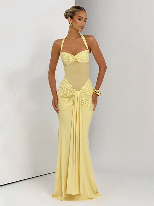 kliou Patchwork Elegant Women Maxi Dress Classic Sexy Sheer Ribbons Halter Backless Bodycon Female Trend Festival Evening Wear