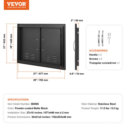 SucceBuy BBQ Access Door Double Outdoor Kitchen Door Wall Vertical Door with Handles and Ventss for BBQ Island Grilling Station