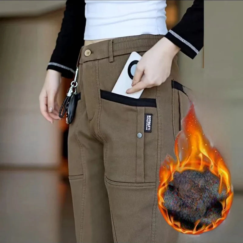 Men's Workwear Pants Elastic Waist Multi-Pocket Straight Leg Autumn Winter Durable Polyester Fiber Casual Trousers
