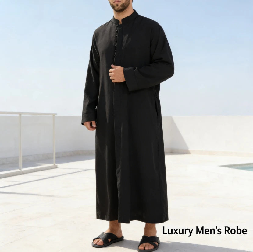 Middle East Arab Mens Robe Loose Fit Standing Collar Round Neck Traditional Islamic Clothing Long Kaftan