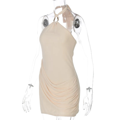 Hugcitar Halter Solid Sleeveless Backless Lace Up Ruched Sexy Bodycon Mini Dress Summer Women Clothes Party Festival Outfit