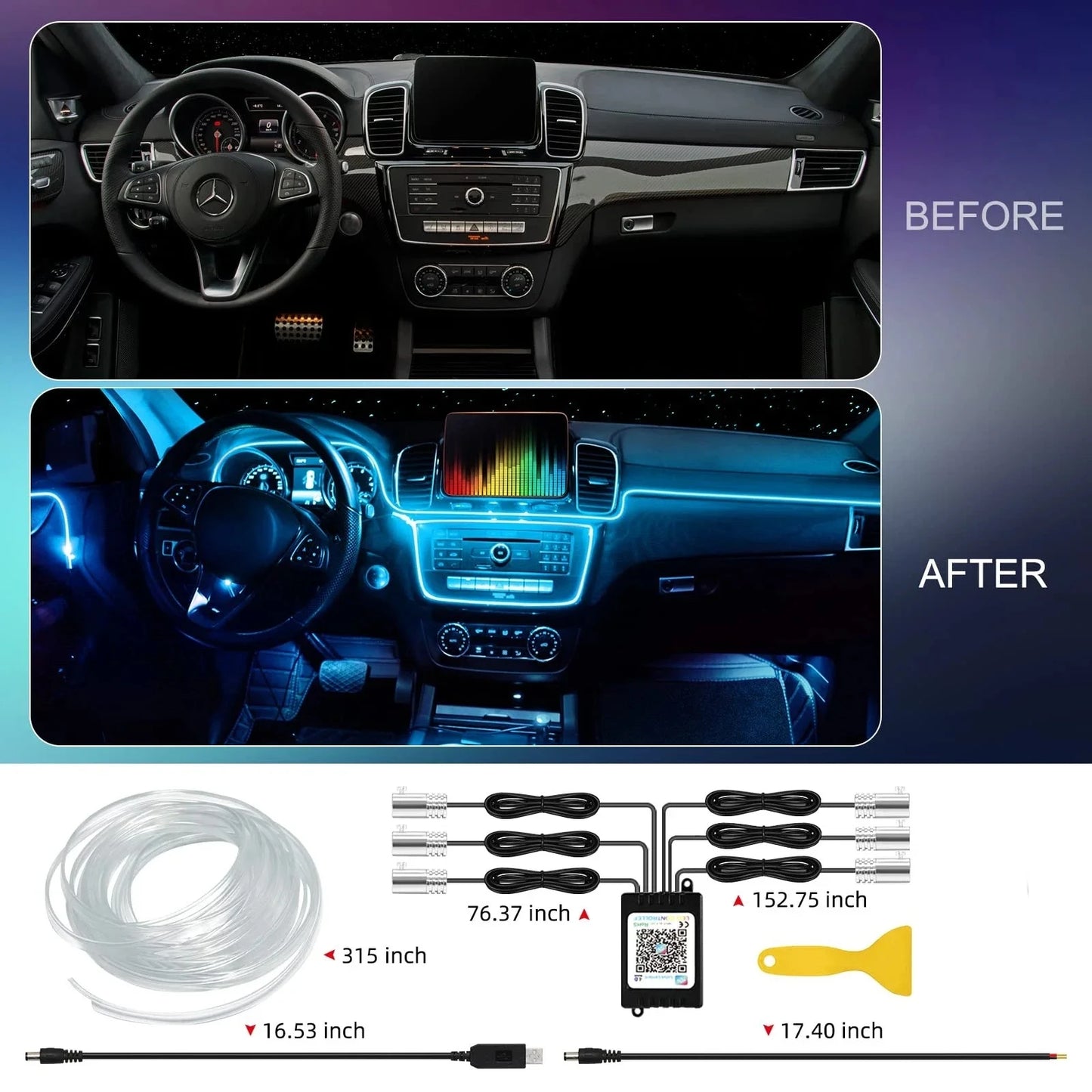 Smart RGB Neon Car Interior Lights Dynamic Atmosphere Custom Decor 12V APP Control Fiber Optic Ambient Lighting