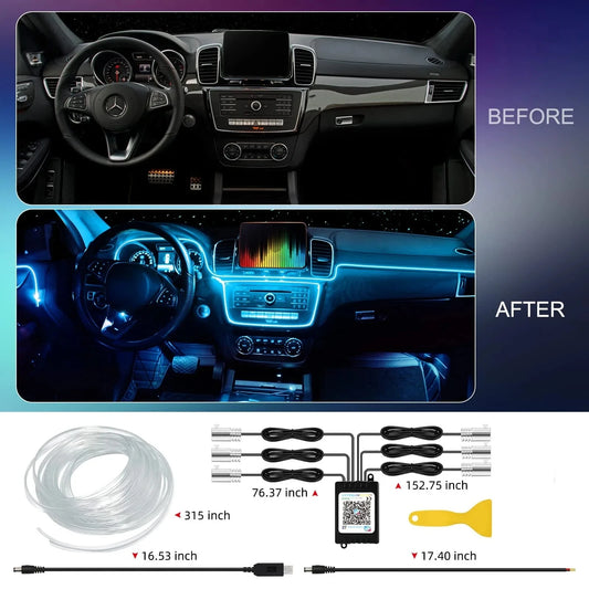 Smart RGB Neon Car Interior Lights Dynamic Atmosphere Custom Decor 12V APP Control Fiber Optic Ambient Lighting