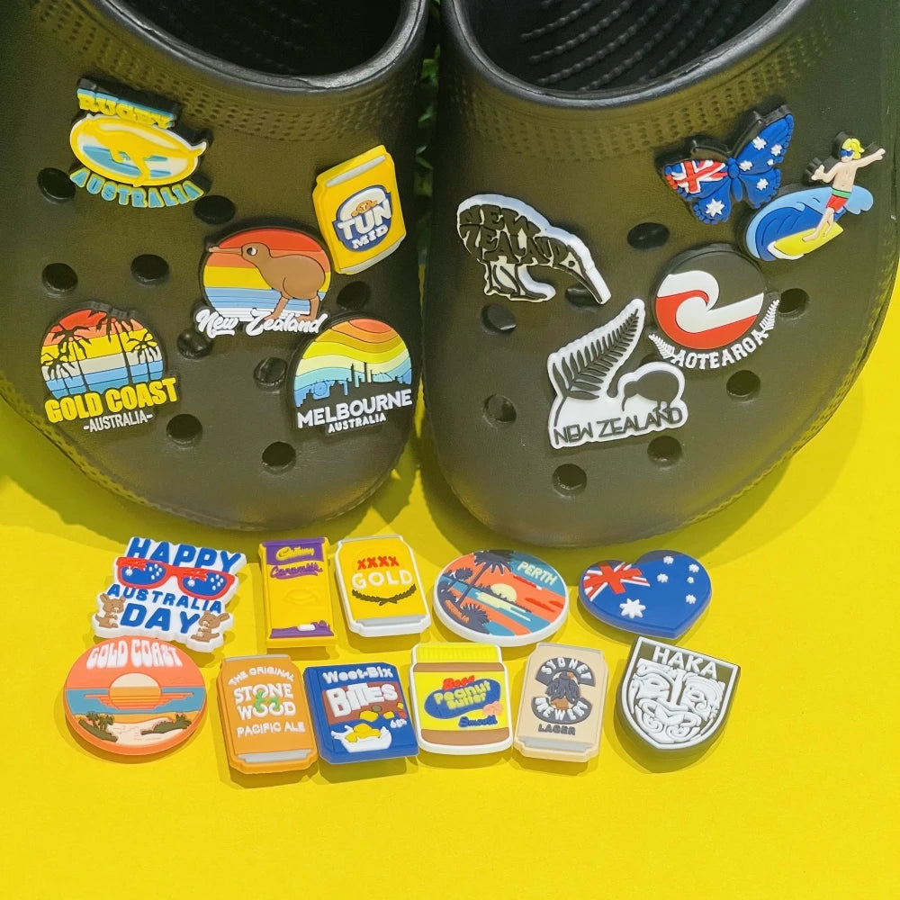 6-100pcs Happy Australia Day New Zealand Gold Coast Kangaroo Surfing PVC Shoe Charms For Clogs Pins Sandals Shoes Decoration