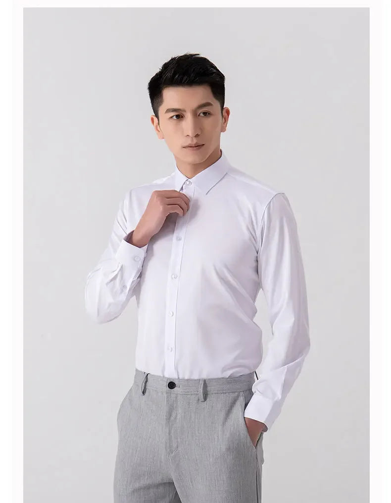 New Men's Shirt Long Sleeve Tooling Elastic Business Slim-fit Non-ironing Long Sleeve High-end Solid Color Men's Casual Shirts