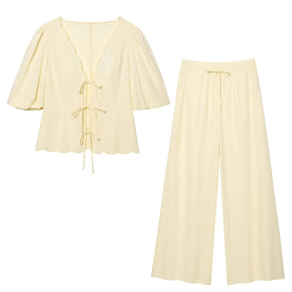 HH Women Chic Solid Simple Wave Edge V-Neck Puff Sleeves Short Shirt Top+High Waist Draw Rope Design Casual Loose Trousers