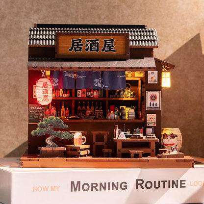 DIY Wooden Miniature Model Kits Mini Casa Japanese Restaurant 3D Puzzle Doll Houses With Furniture for Friends Birthday Gifts