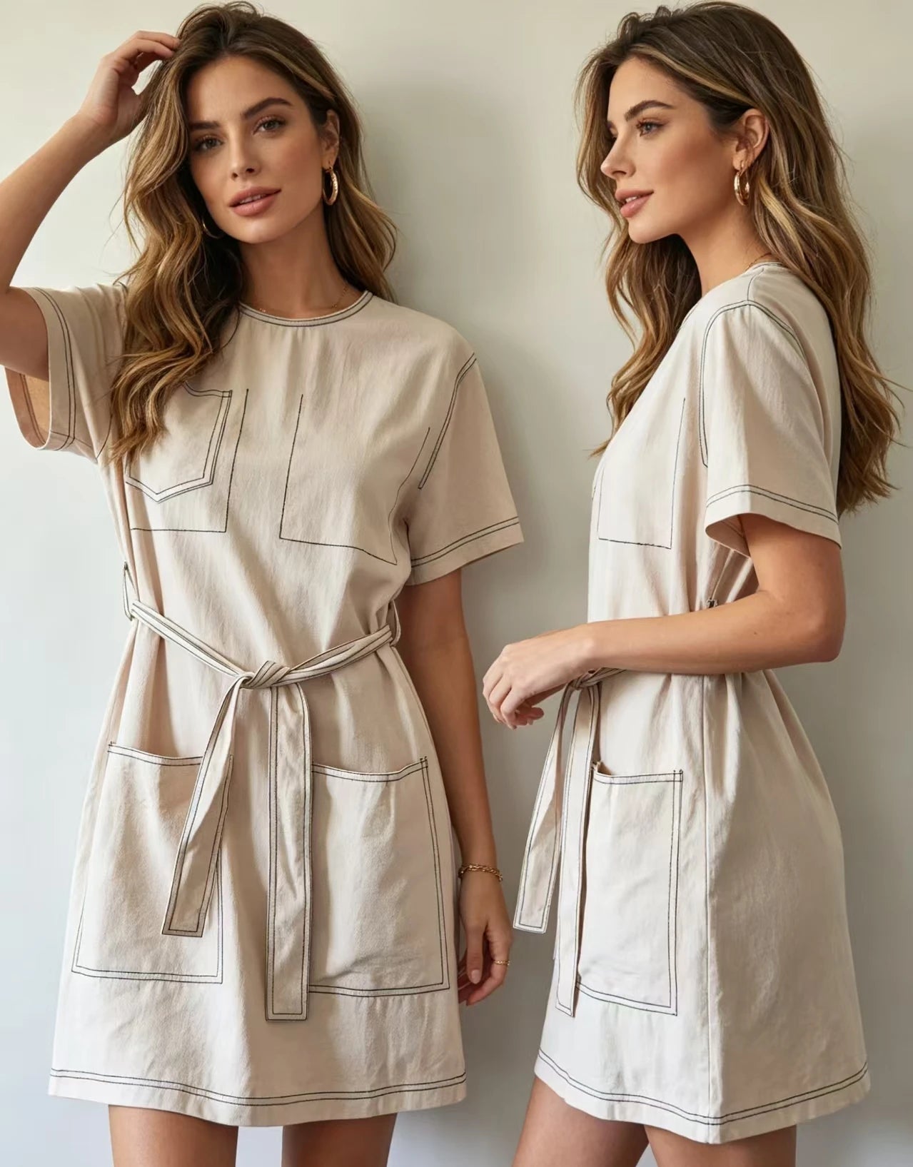 fenggejiwo women's casual pure cotton crew neck dress with waist tie dress