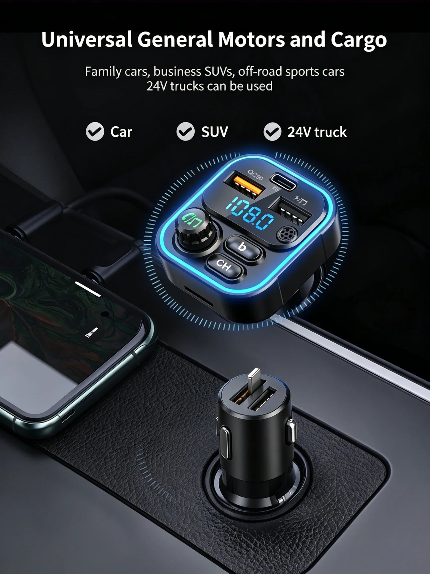 WEKOME Dual USB Fast Charging 7 Color LED Atmosphere Light Bluetooth Hands Free Car FM Transmitter with U Disk TF Card Playback