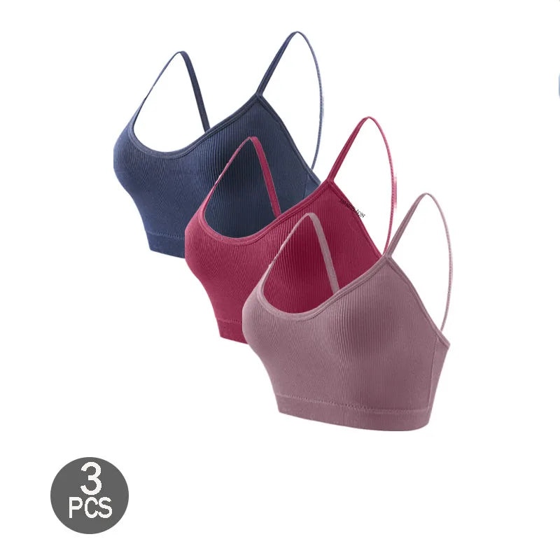 3PCS Women's Ribbed Cotton Bra With Chest Cushion Beautiful Back Sling Tank Top for Yoga Girl's Shock-absorbing Sports Underwear