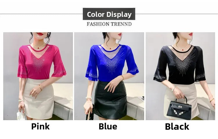 Sexy Hollow out Mesh Seven Quarter Sleeve Fashion Trend Summer T-Shirt Women Slimming Versatile Top Half Sleeve Small Shirt