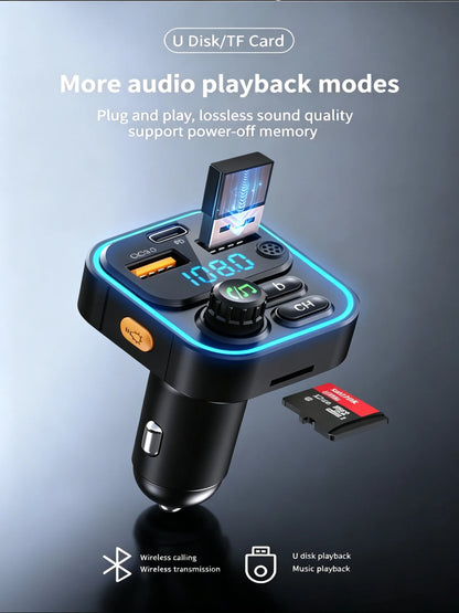 WEKOME Dual USB Fast Charging 7 Color LED Atmosphere Light Bluetooth Hands Free Car FM Transmitter with U Disk TF Card Playback