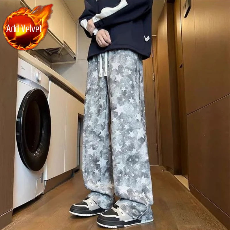Youth Casual Tie Dye Star Joggers Straight Leg Loose Sports Pants Trendy Oversized Design for Autumn Winter Soft Draping Fabric