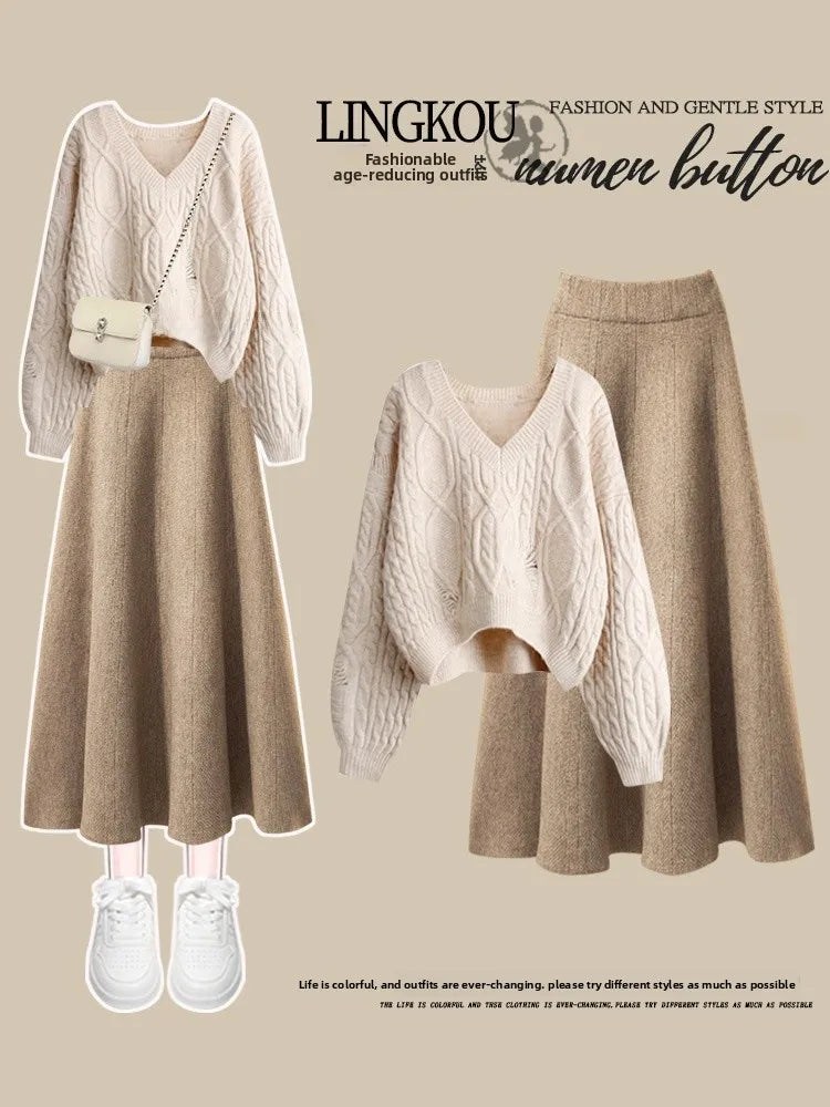 plus Size Women's Simple Knitted Sweater And  Skirt Two-Piece Set Korean Style Slimming Meat Covering Fashionable Ensemble