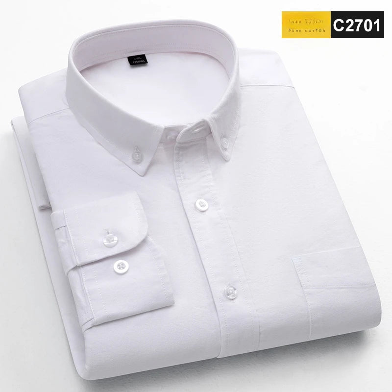 Classic Fit Fashion 100% Cotton Long-Sleeve Shirt for Men Single Pocket Slim Fit Casual Top Soft Oxford Solid Color Office Cloth
