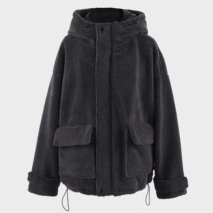 Nerazzurri Autumn Winter Oversized Black Warm Faux Fur Coat Women with Drawstring Hood Long Sleeve Zip Up Fluffy Jacket Menswear