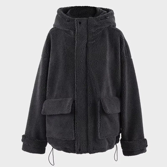 Nerazzurri Autumn Winter Oversized Black Warm Faux Fur Coat Women with Drawstring Hood Long Sleeve Zip Up Fluffy Jacket Menswear