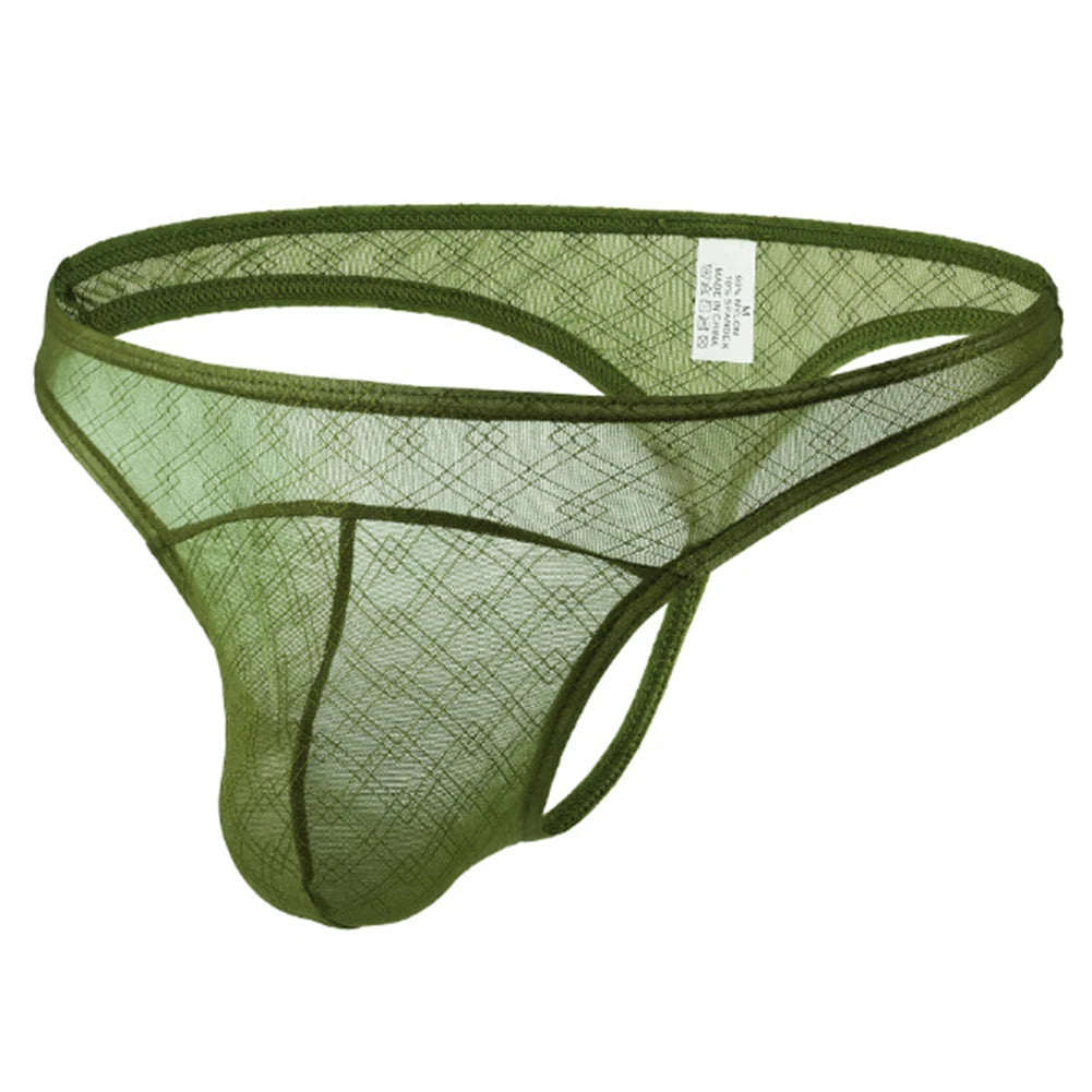 Quick Drying Men Mesh Lingerie See Through Plaid Fashion Thongs G-String Low Rise Soft Underwear Sexy Bikini