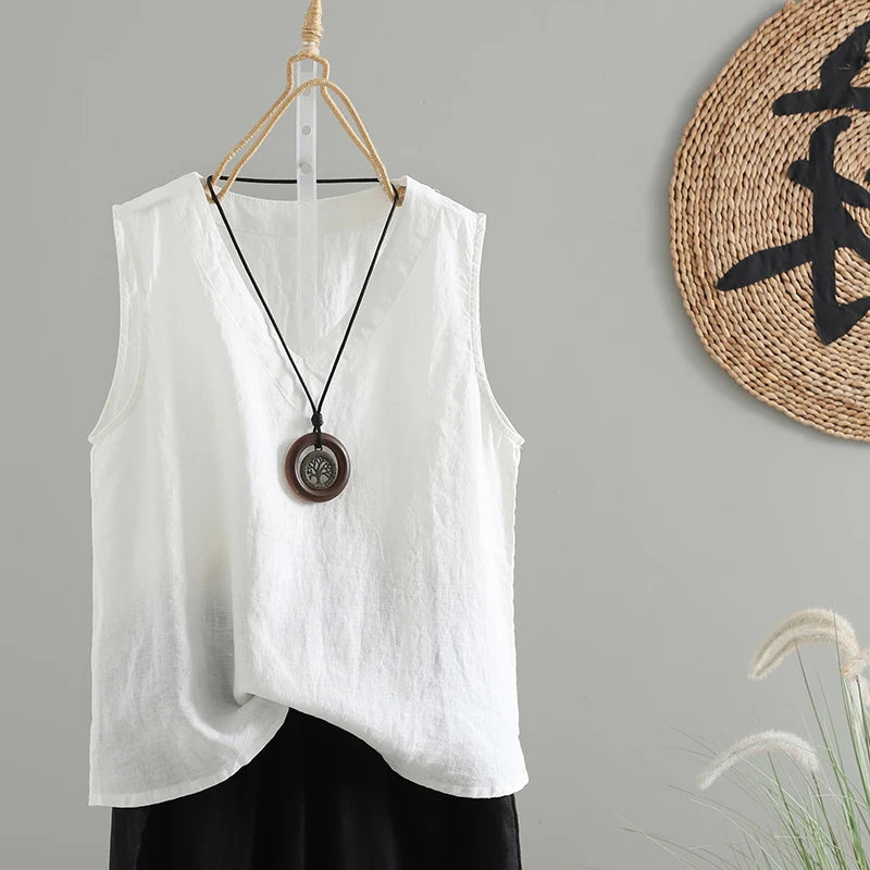 Slimming Pure Color Cotton Linen Lightweight Sleeveless round Neck Inner Wear Large Size Women's Fashionable Versatile Top