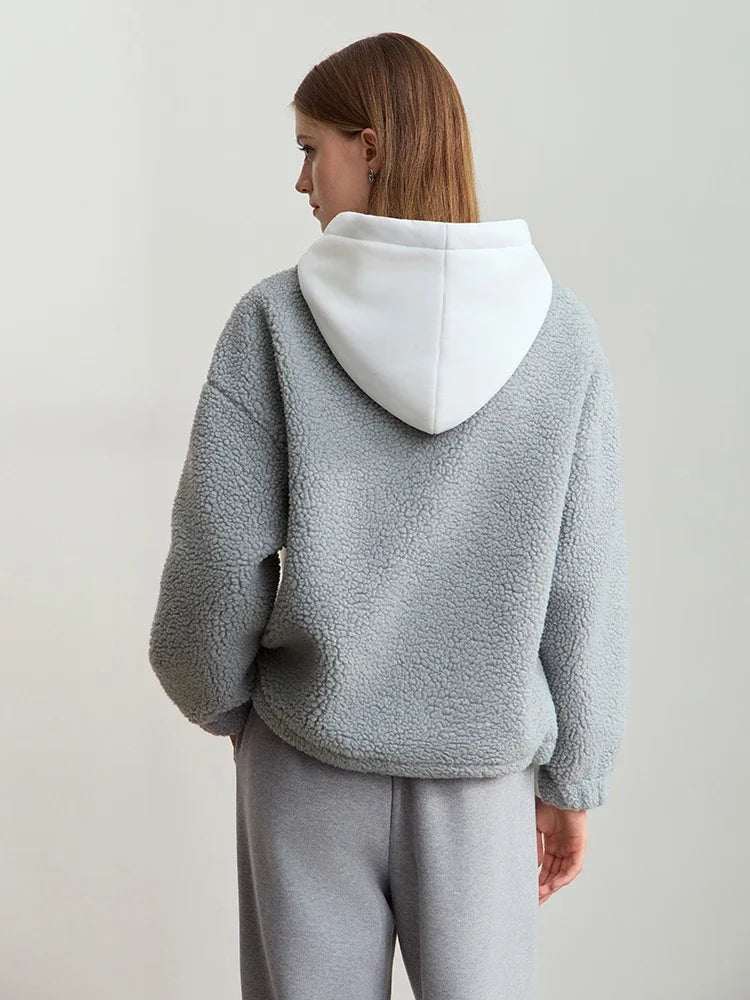 Amii Drawstring Hooded Splicing Imitation Lamb Wool Sweatshirt Embroidered 2024 Winter Women's Loose Thermal Tops 12444131