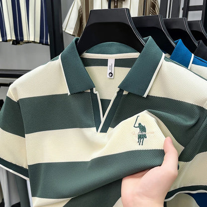 High End Embroidered Polo Shirt for Men, 2026 New Summer Striped Men's Short Sleeved T-shirt, Pure Cotton Lapel Half Sleeved Top