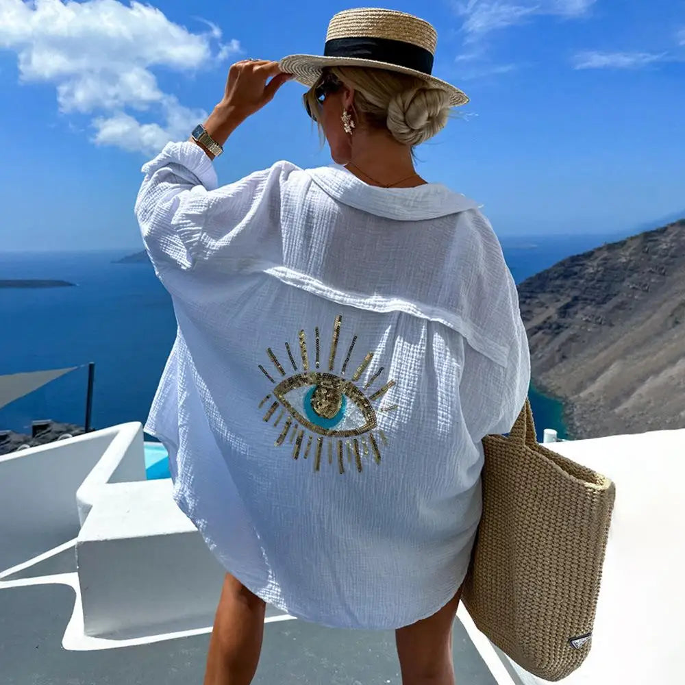 Spring Summer 2024 Women's Casual Evil Eye Shirt Long Sleeve Turn-down Collar Regular Length Other Material 100% Fashion Ladi...