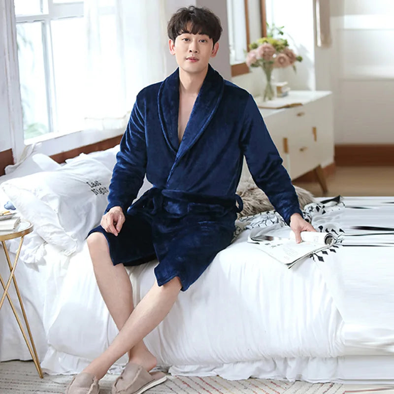 Sleepwear Coral Velvet Bathrobe  Fleece Thickened Flannel Nightwear Long Autumn Winter Cosy Thermal Pajamas Both Men Women