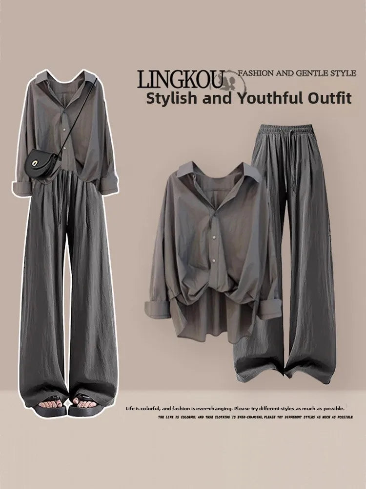 Summer Vintage plus Size Set Women's Fashion Asymmetrical Long Sleeve Thin Shirt Versatile Slimming Casual Pants Two Piece Set