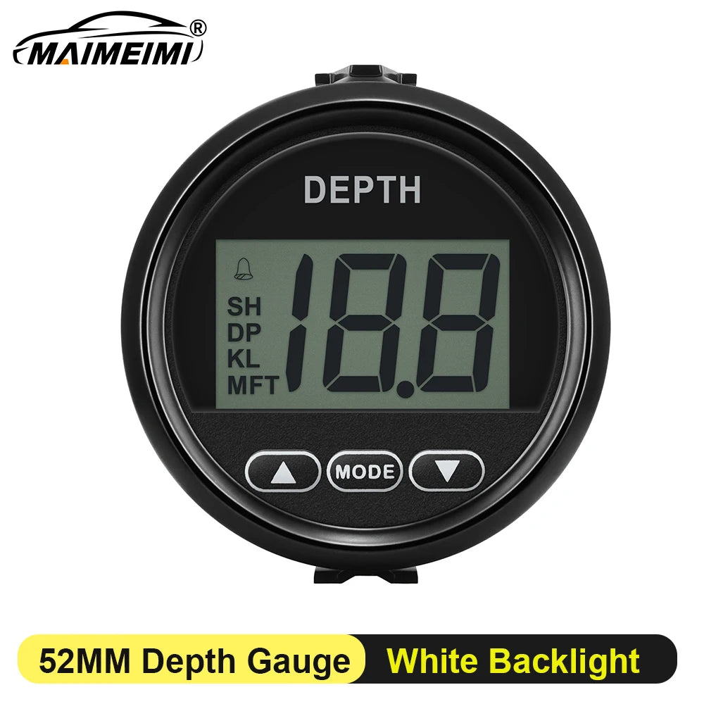 52MM Marine Digital Depth Gauge Indicator Waterproof for Yachts Fishing Boats Pulse Signal White Backlight Depth Transducer