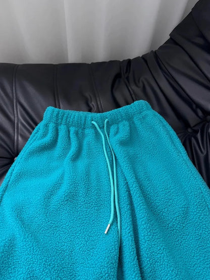 Lake Blue Lamb Fur Fleece Sweatpants Loose Wide Leg Casual Trousers Men's Hiphop Thick Warm Sports Pants High Waist Autumn Wi...