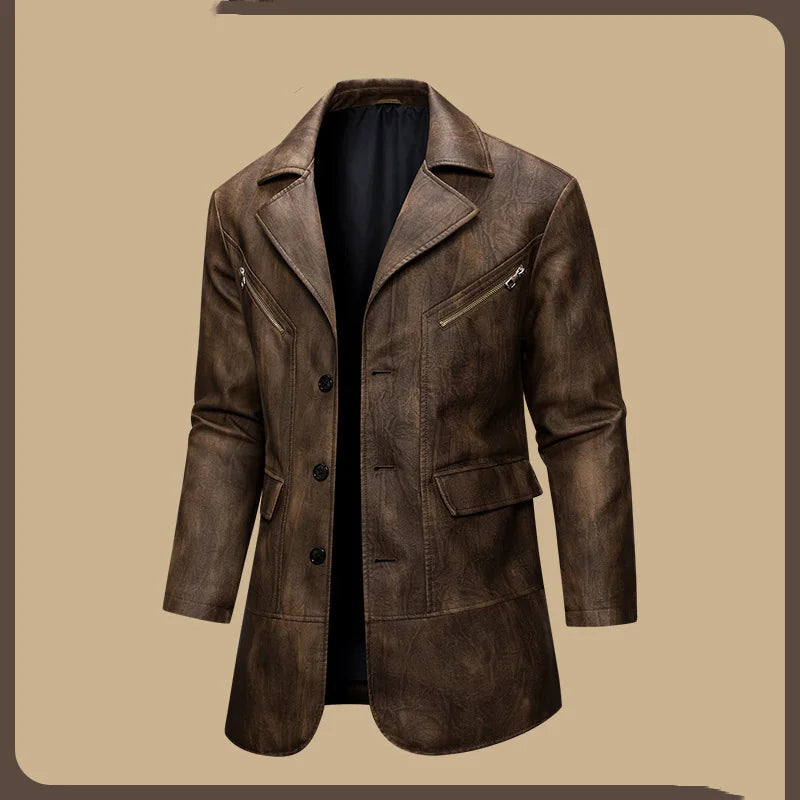 Man Leather Coat Autumn Winter American Retro Turn Down Collar Male Outerwear Mid Length Single-breasted  Long Sleeve Men Jacket