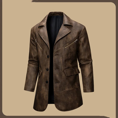Man Leather Coat Autumn Winter American Retro Turn Down Collar Male Outerwear Mid Length Single-breasted  Long Sleeve Men Jacket