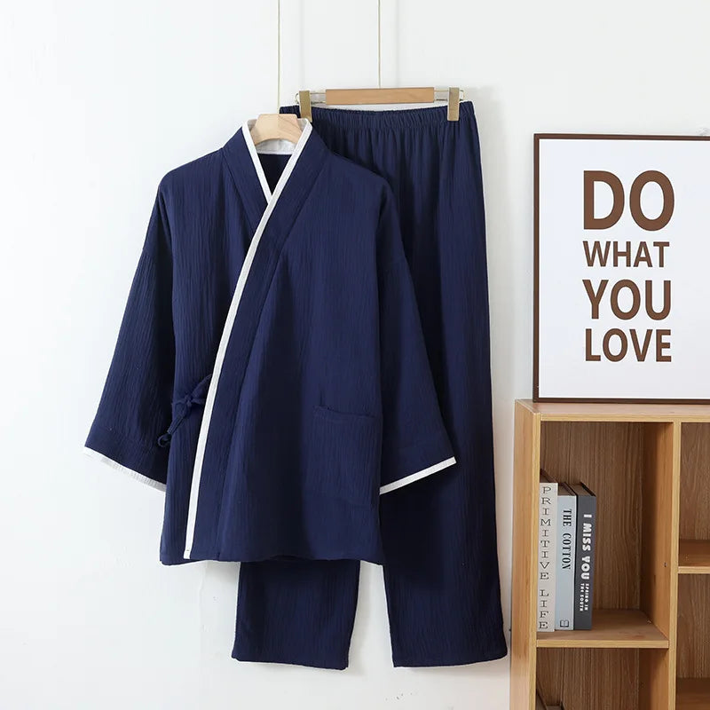 Spring Autumn Japanese Color Blocked Cotton Crepe Kimono Mens Pajamas Set Thin Lace-Up Top + Pants Loose Two-piece Male Homewear