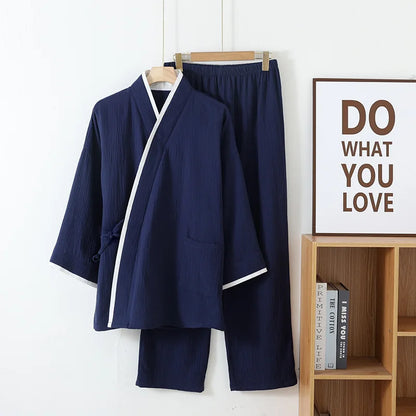 Spring Autumn Japanese Color Blocked Cotton Crepe Kimono Mens Pajamas Set Thin Lace-Up Top + Pants Loose Two-piece Male Homewear