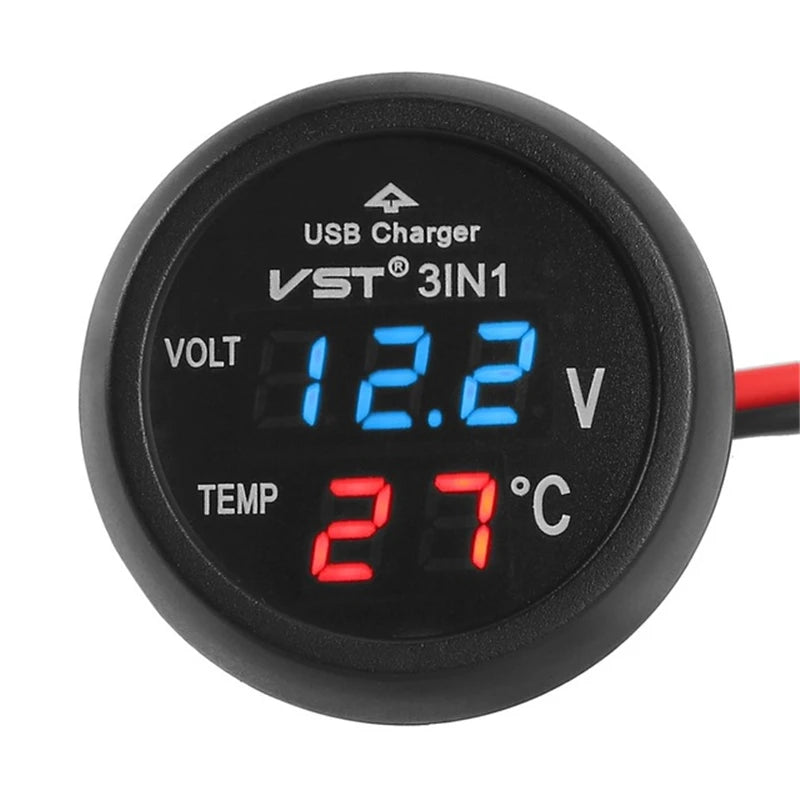 3 in 1 12V/24V LED Digital Voltmeter With Power Supply Current Meter for Car Cigarette Lighter Thermometer With Type C Socket