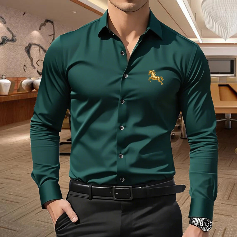 Men's Premium Business Casual Shirt MILANO Logo Print Slim Fit Long Sleeve Wrinkle Resistant Dress Shirt Multi Styles Available
