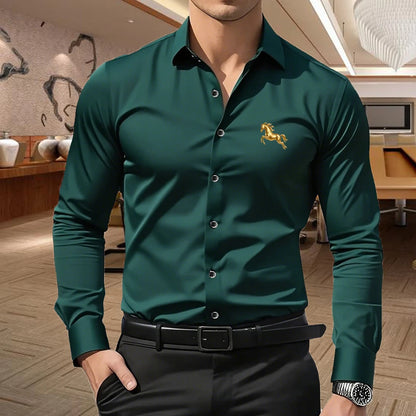 Men's Premium Business Casual Shirt MILANO Logo Print Slim Fit Long Sleeve Wrinkle Resistant Dress Shirt Multi Styles Available