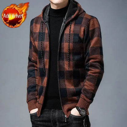Knit Sweater Male Zipper Plaid Men's Clothing Cardigan Hoodies Zip-up Thick Winter Red Tops Jumpers Casual Stylish Hot Cheap A