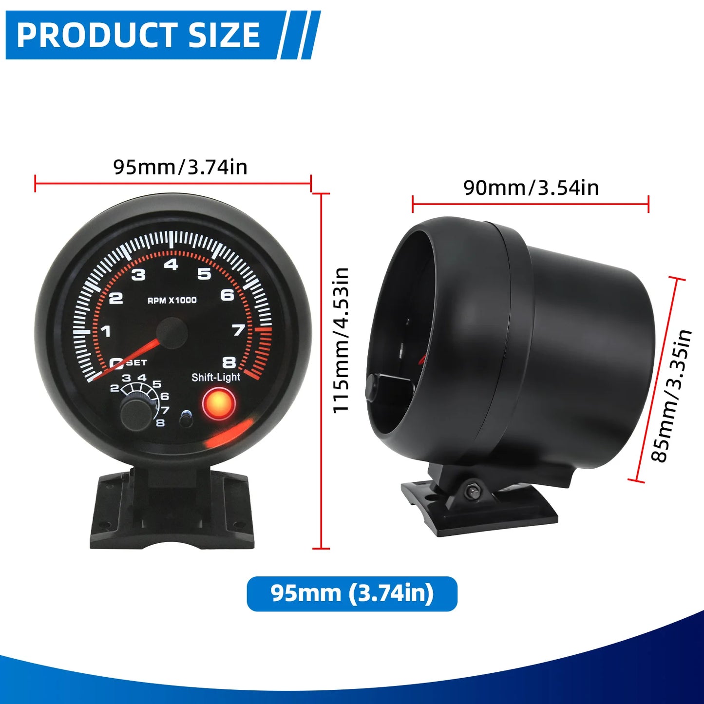 Black Tachometer Gauge with Red Shift Light Universal 3.75 Inch 95mm 12V White LED Auto 0-8000 RPM Meter Tacometro Tach Gauge