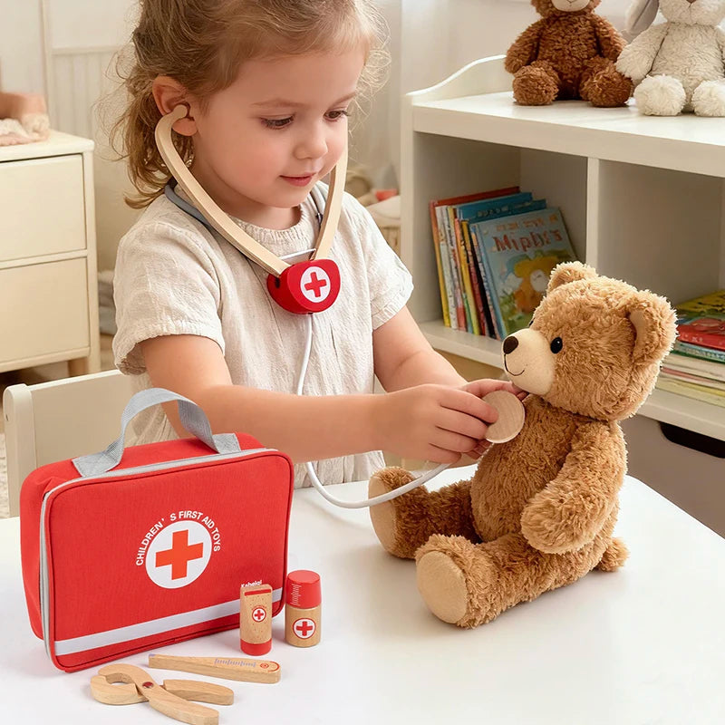 Red Wooden Doctor Toy Set - Imaginative Role Play and Fine Motor Skills for Children Aged 3 and Up Gift Box or Drawstring Bag