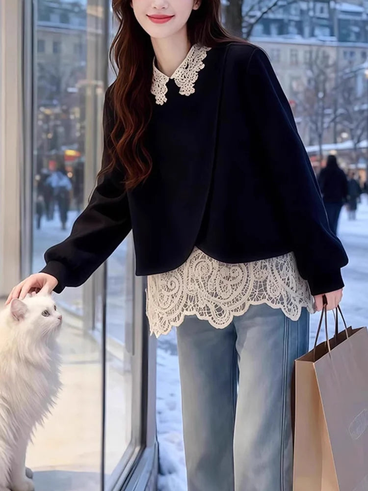 plus Size Lace Splice Loose Fit Sweatshirt Women's Fake Two-Piece Style Autumn Winter New Arrival Korean Commute Fashion